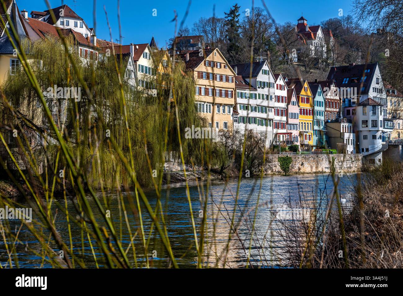 Maisons traditionnelles multicolores à colombages au bord de la rivière de Tübingen, dans le sud de l'Allemagne Banque D'Images