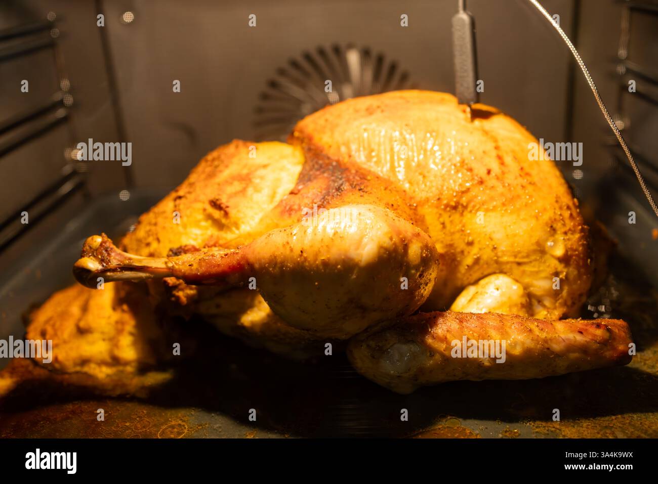 Dinde rôtie entière au four avec thermomètre à viande – concept repas des fêtes Banque D'Images