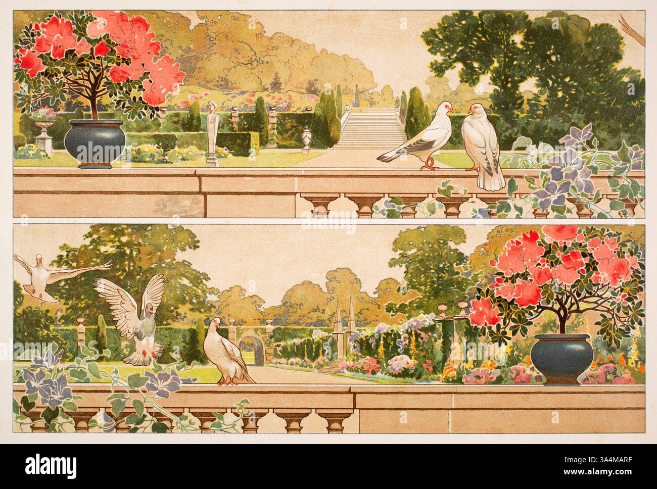 Landschaftlicher frites (frises paysagères) couleur demi-teinte des vues panoramiques sur le jardin aquarelle peintures par le professeur d'art viennois Georg Sturm de Banque D'Images