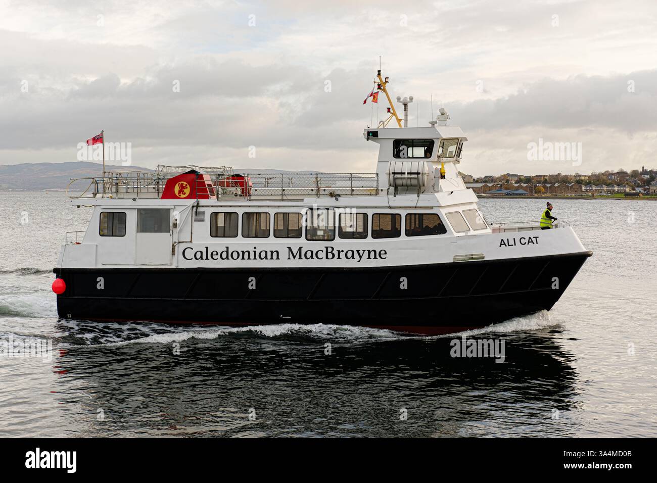 Le ferry Cal Mac MV Ali Cat approche de Gourock Pier. Banque D'Images