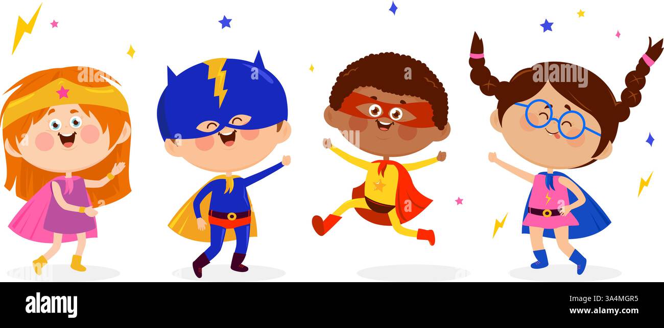 Heureux Super héros enfants, filles et garçons. Enfants de dessins animés en uniformes et masques de carnaval. Jeu de caractères. Des enfants actifs forts avec des super pouvoirs. Illustration de Vecteur