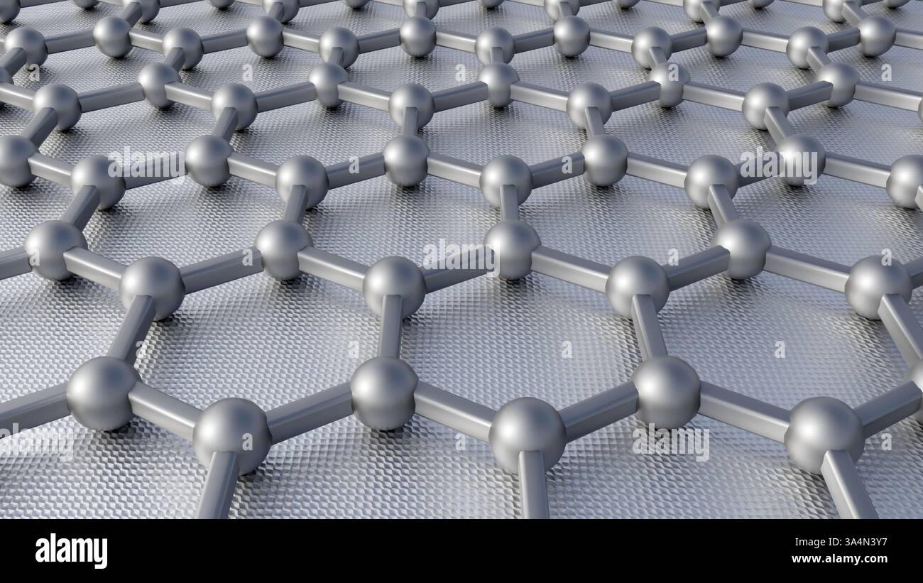 Un gros plan, rendu 3D d'une structure de graphène, mettant en valeur son réseau hexagonal caractéristique. Banque D'Images