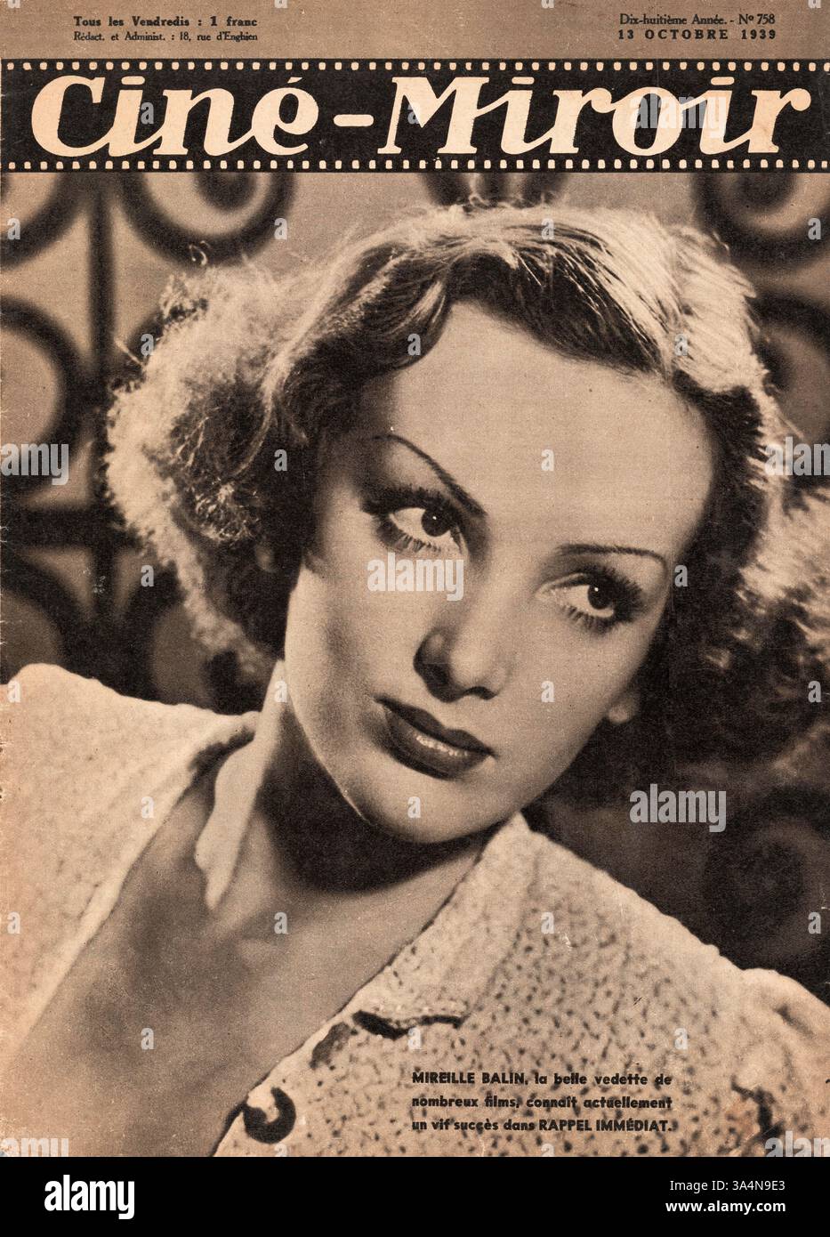 1939 Cine-miroir magazine actrice Mireille Balin Banque D'Images