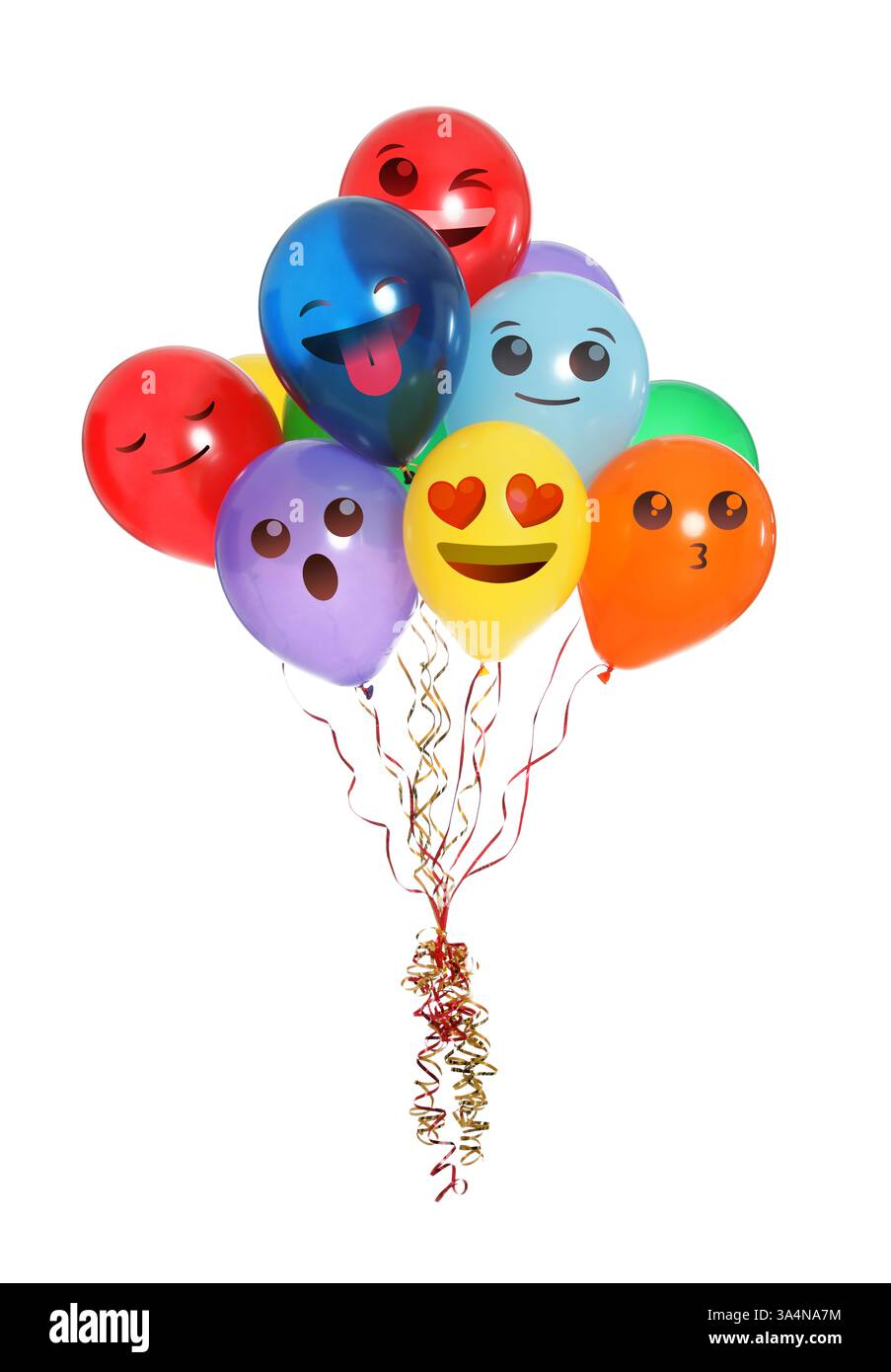 Visages avec des émotions différentes sur des ballons lumineux sur fond blanc Banque D'Images