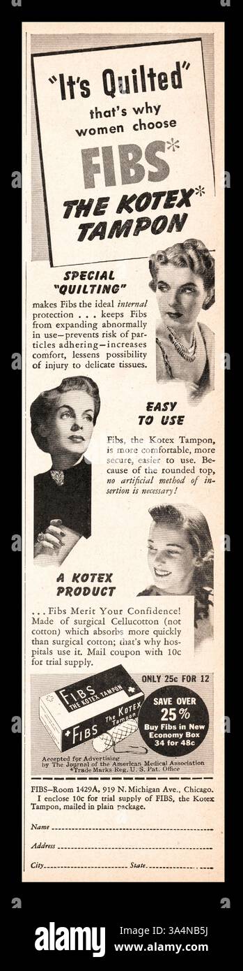 1940 publicité US tampon FIBS Kotex Banque D'Images