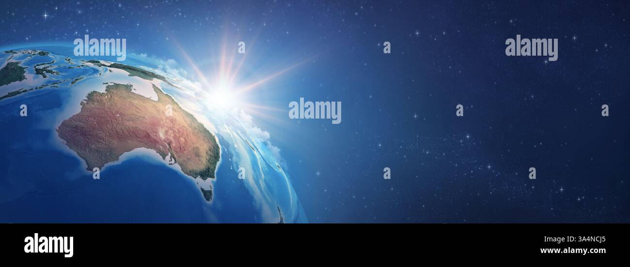 Lever de soleil sur la cartographie satellite détaillée du globe terrestre, Australie Océanie, bannière spatiale profonde - éléments fournis par la NASA Banque D'Images