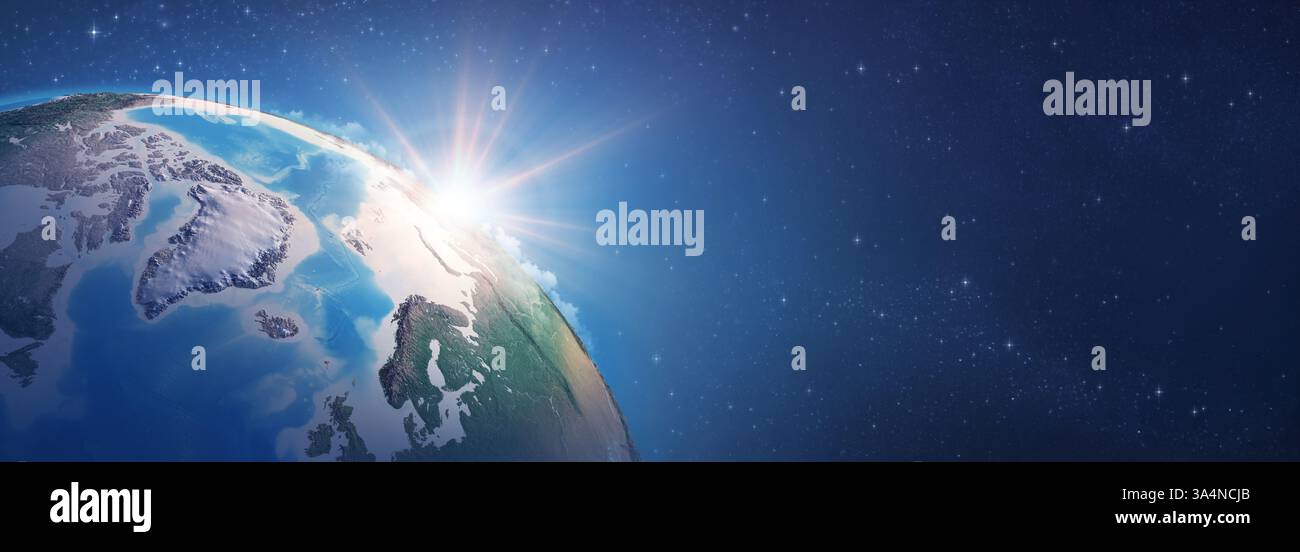 Lever de soleil sur la cartographie détaillée par satellite du globe terrestre, de l'Arctique du Groenland, de la bannière spatiale lointaine - éléments fournis par la NASA Banque D'Images