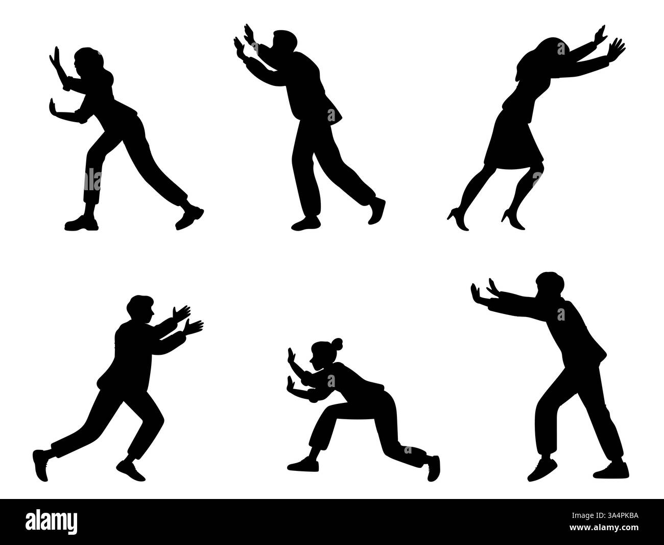 Silhouettes poussant hommes et femmes. Les gens pressent avec des efforts. Action de force. Personnes tirant des blocs. Défi homme d'affaires. Lutte acharnée. Alimentation Illustration de Vecteur