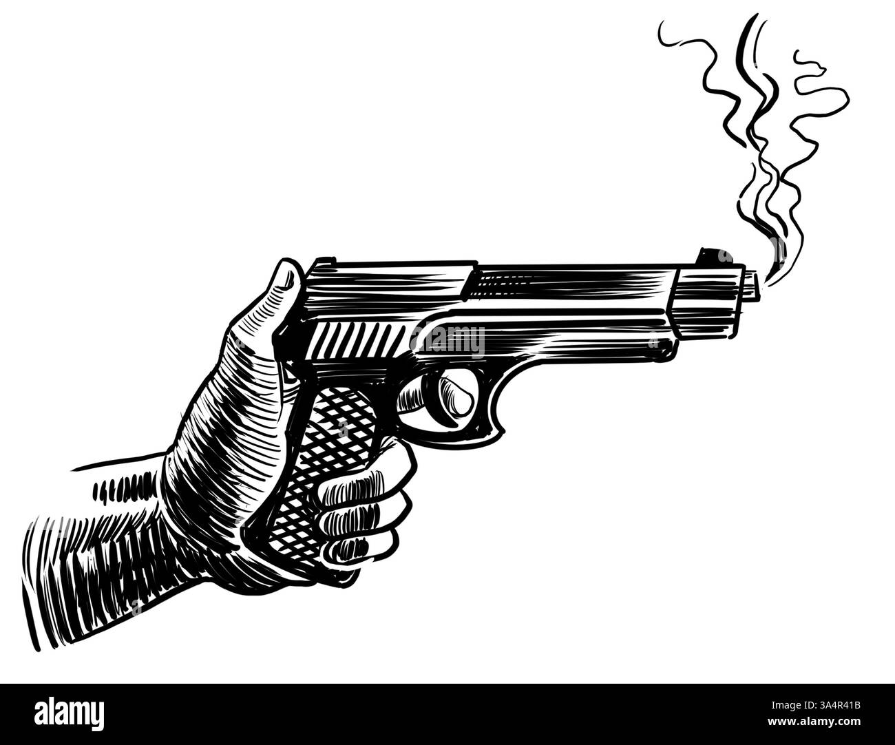 Main avec un pistolet fumant. Illustration noire et blanche dessinée à la main de style rétro Banque D'Images