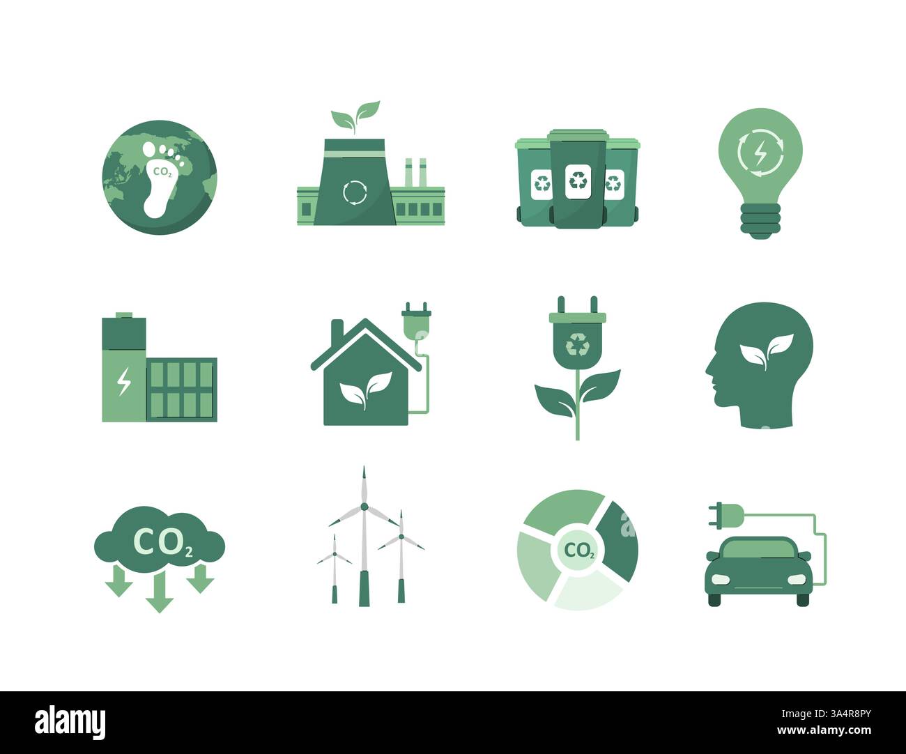 Icônes écologiques définies. CO2 neutre. Collection de signes écologiques. Energie verte, Net zéro. Économie circulaire. Illustration vectorielle dans le style de dessin animé plat Illustration de Vecteur