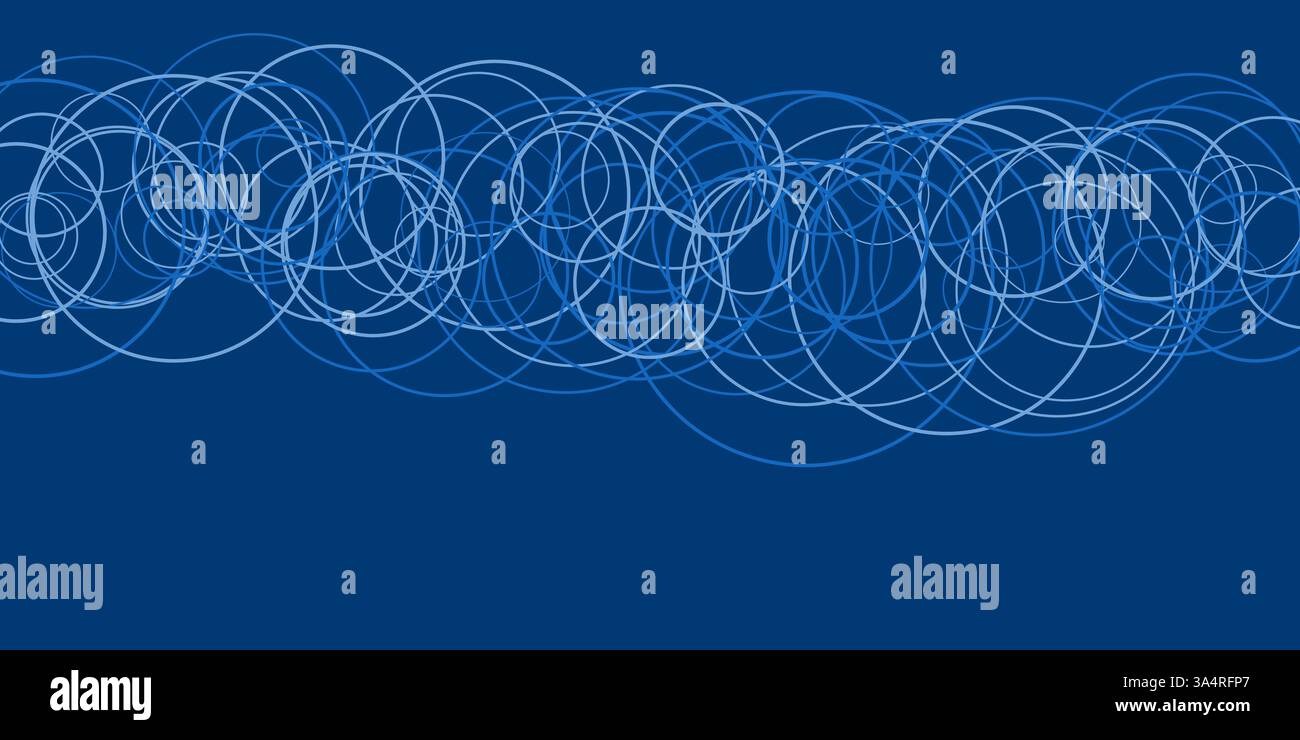 Un fond abstrait bleu présente des cercles interconnectés, formant un motif géométrique dynamique. Les formes répétitives et la couleur uniforme créent un visu Illustration de Vecteur