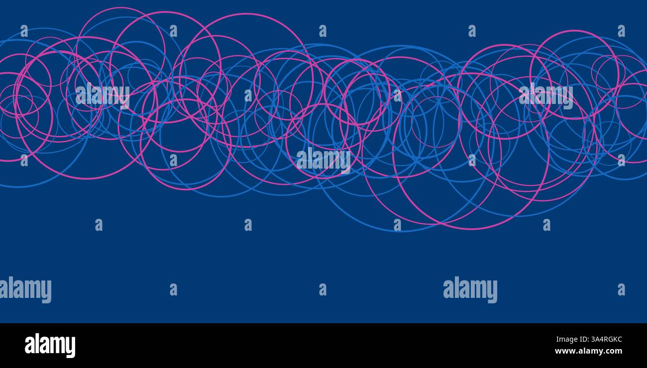Un fond abstrait bleu foncé présente des cercles interconnectés, formant un motif géométrique dynamique. Les formes répétées et la couleur uniforme créent un Illustration de Vecteur