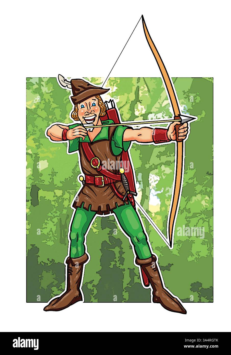 Illustration artistique d'un heureux Robin des bois /Richard de Loxley/ Robert Hod de York légendaire hors-la-loi héroïque du folklore anglais avec un arc et une flèche Banque D'Images