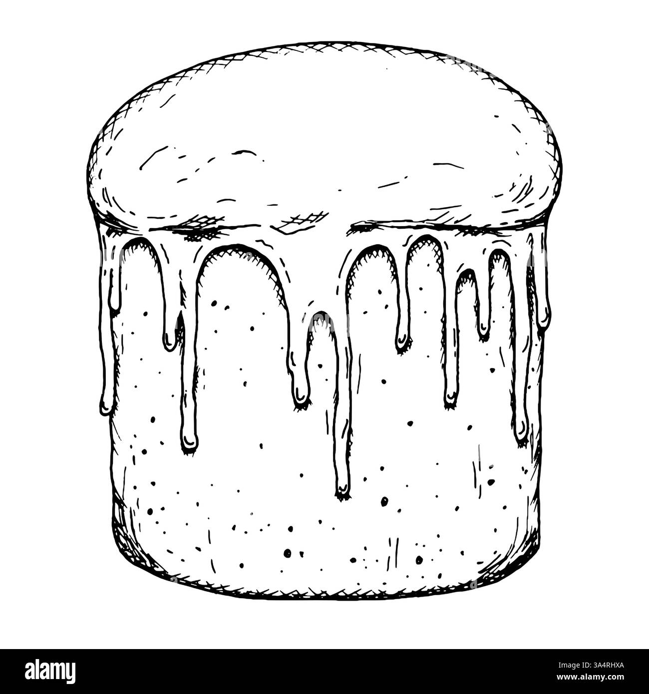Gâteau de Pâques traditionnel avec glaçage goutte à goutte, dessiné à la main à l'encre. Un complément parfait aux illustrations festives, à la marque alimentaire et à l'emballage Illustration de Vecteur