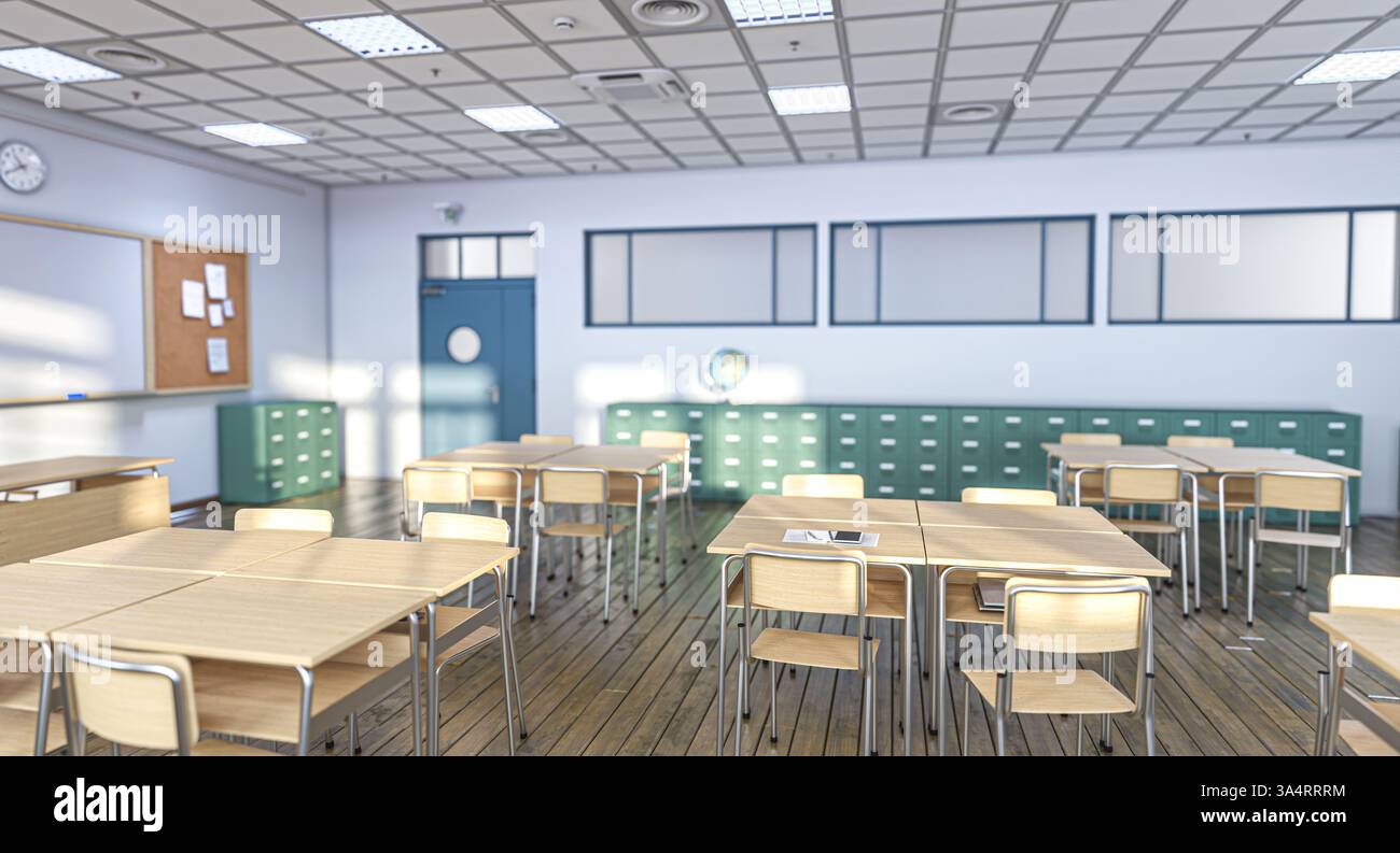 Salle de classe vide avec des bureaux en bois et des chaises 3d fond Banque D'Images