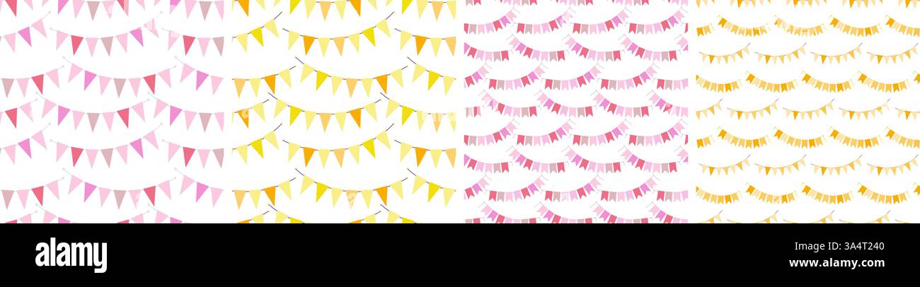 Guirlandes Pennant colorées sur la corde sans couture motifs Holiday Party multicolore ensemble d'idées de fond 4. Illustration vectorielle isolée papier peint cartes thématiques, affichage ou bannière promo web, dépliant, étiquette Illustration de Vecteur