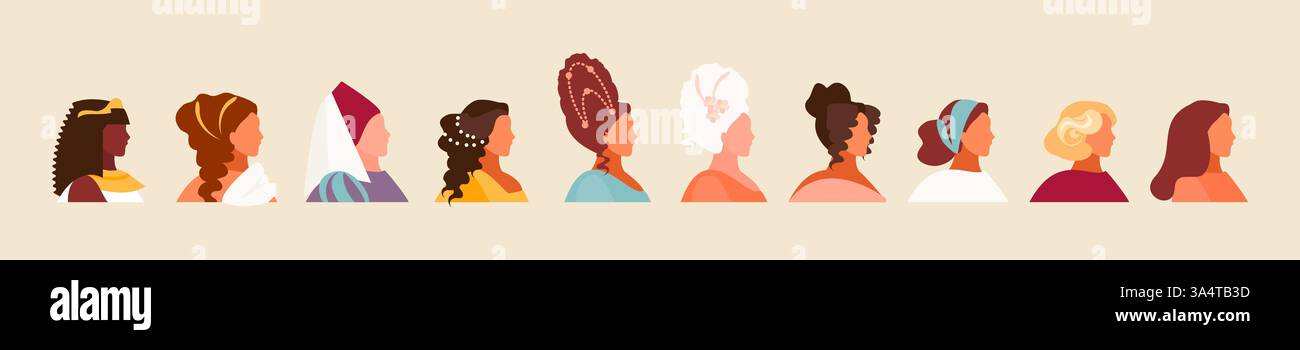 Histoire et évolution des coiffures. Ensemble de personnages féminins, développement de la mode. Illustration vectorielle Illustration de Vecteur