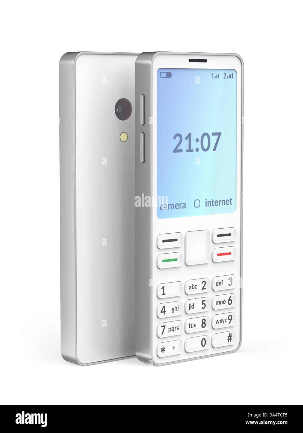 Vue avant et arrière des téléphones mobiles sur fond blanc Banque D'Images