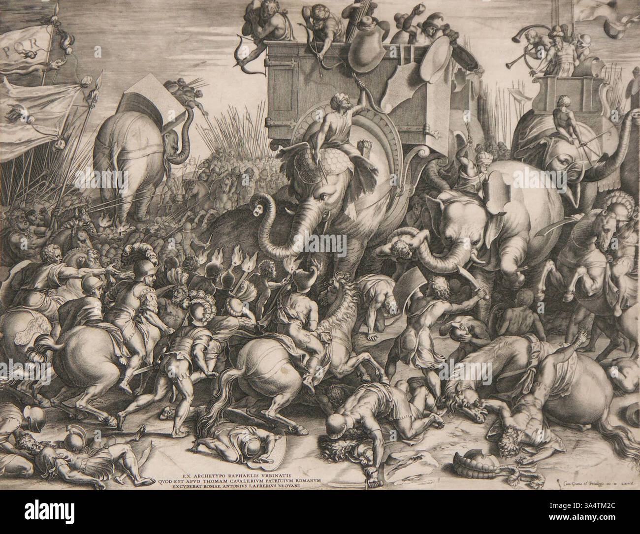 Gravure de la bataille de Zama par Cornelis Cort, 1567. La bataille de Zama s'est déroulée en 202 av. J.-C. dans ce qui est aujourd'hui la Tunisie entre une armée romaine commandée par Scipion Africanus et une armée carthaginoise commandée par Hannibal. Banque D'Images