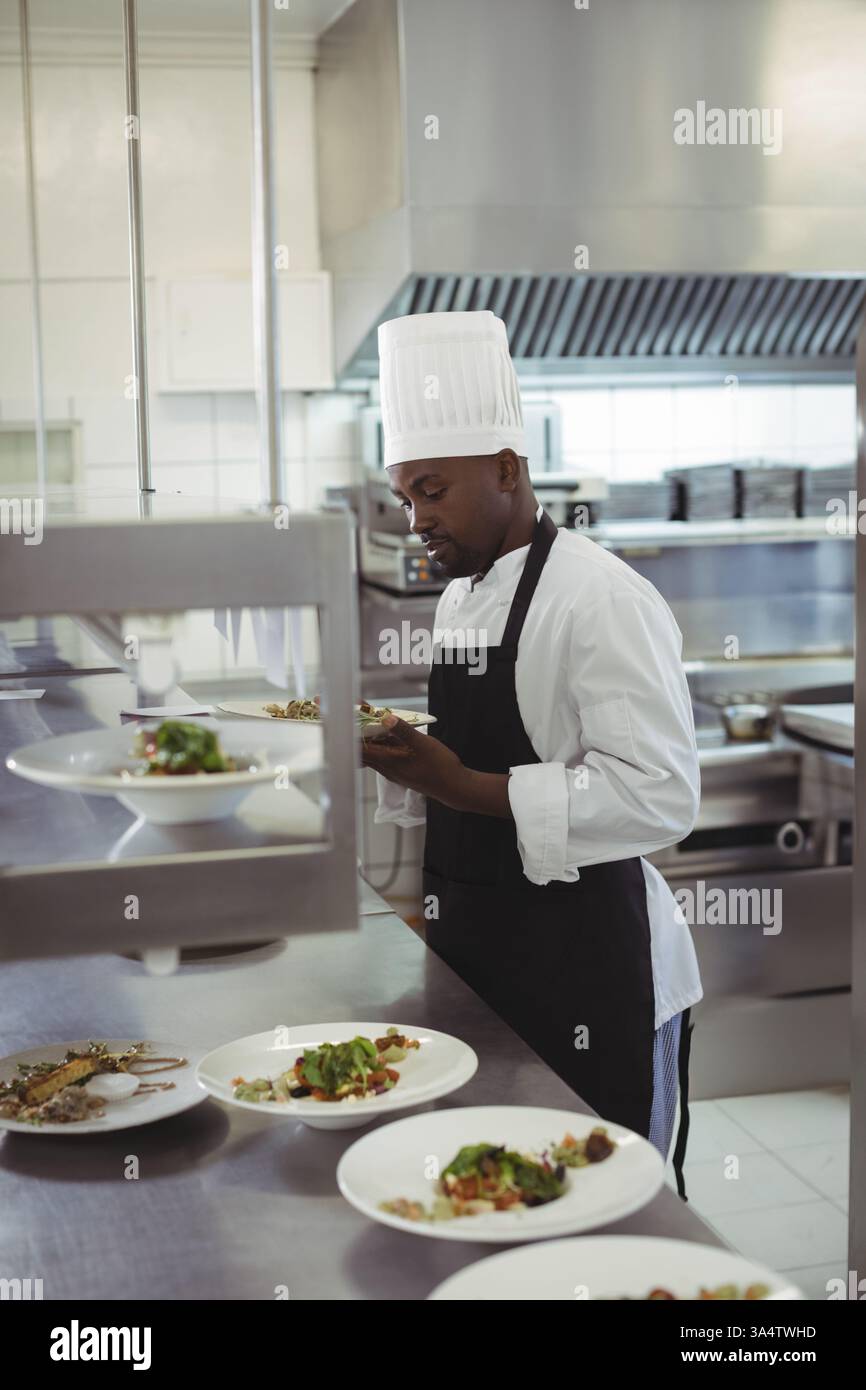Chef dans la cuisine placant soigneusement les plats gastronomiques, axé sur la présentation, l'espace de copie Banque D'Images