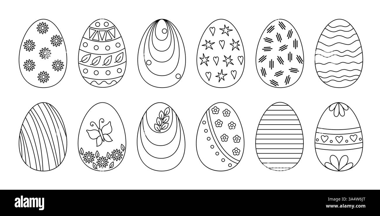 Contour de symbole de vacances de Pâques décoré oeufs ensemble dans l'illustration vectorielle simple de doodle pour le décor de temps de fête du printemps, page de coloriage, cartes de voeux, invitations, bannières, activités pour enfants Illustration de Vecteur