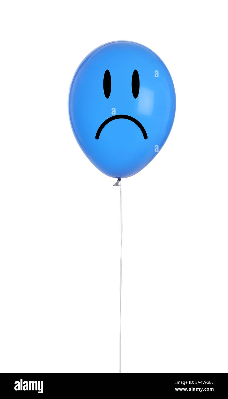 Ballon bleu avec visage malheureux sur fond blanc Banque D'Images