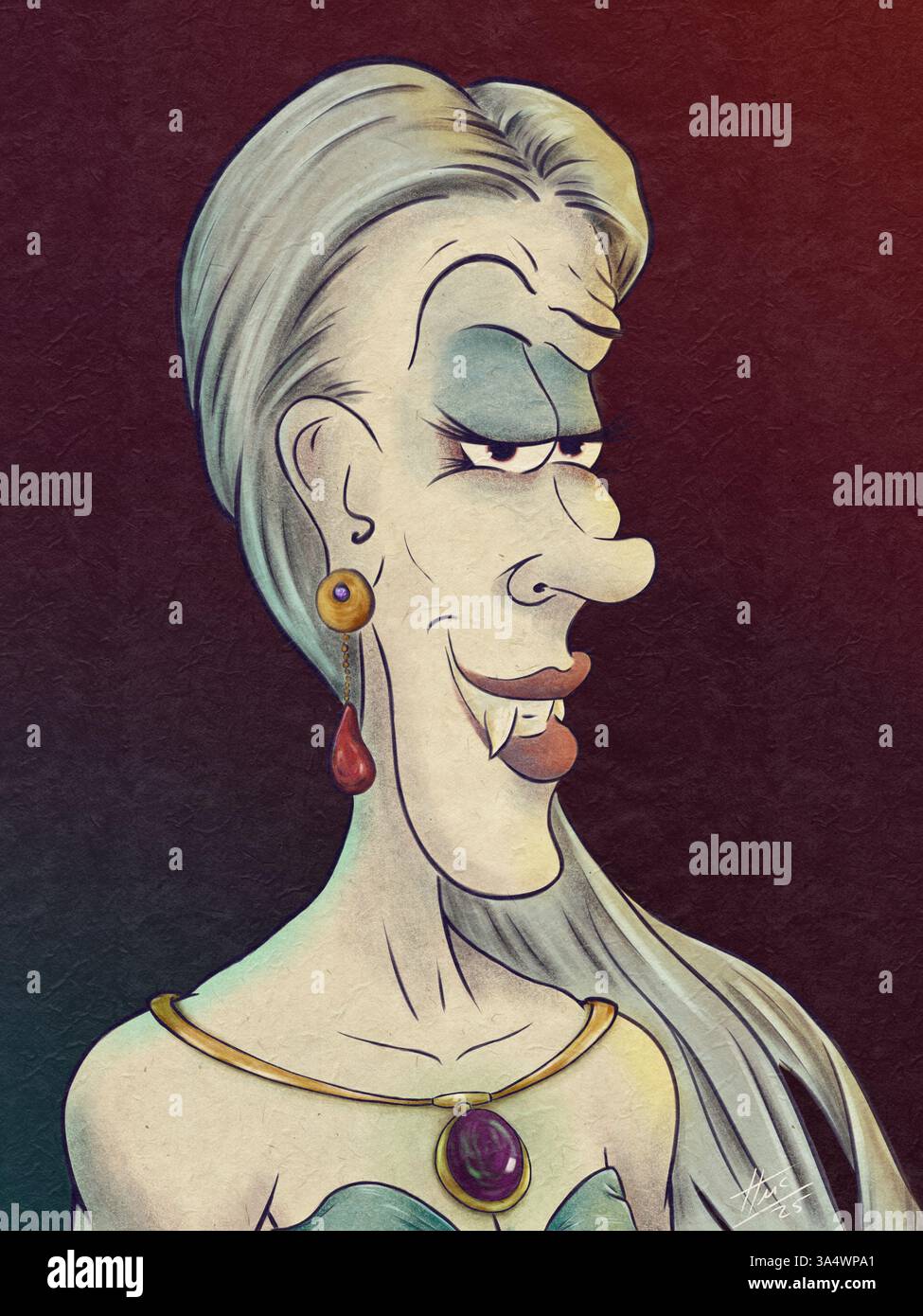 Caricature de dessin animé Portrait d'une dame vampire avec grand pendentif violet et Blood Droplet Earring. Illustration artistique numérique Banque D'Images