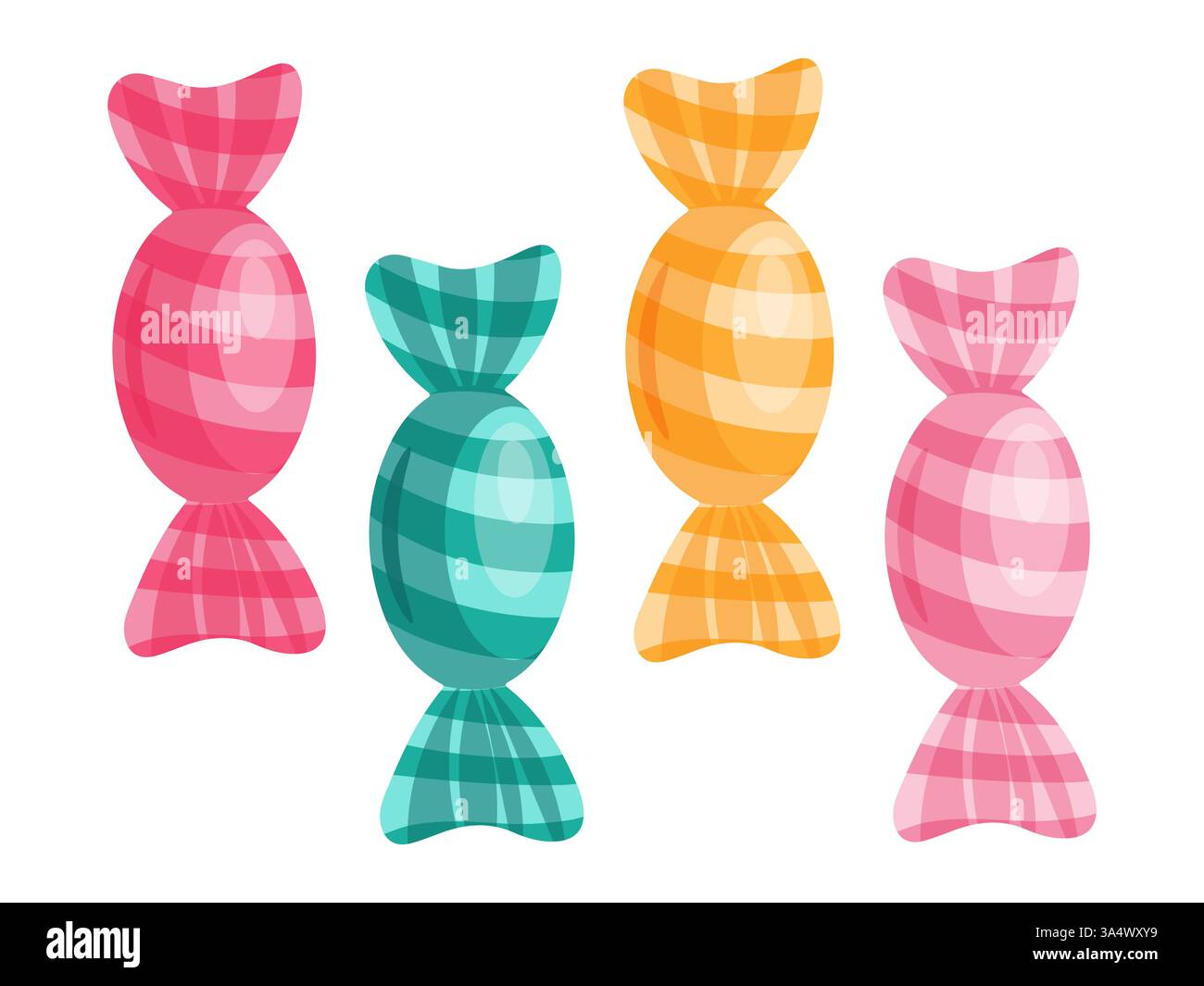 Un ensemble de bonbons colorés dans des emballages rayés, parfaits pour des motifs sucrés à thème, des produits pour enfants ou des invitations de fête. Illustration de Vecteur
