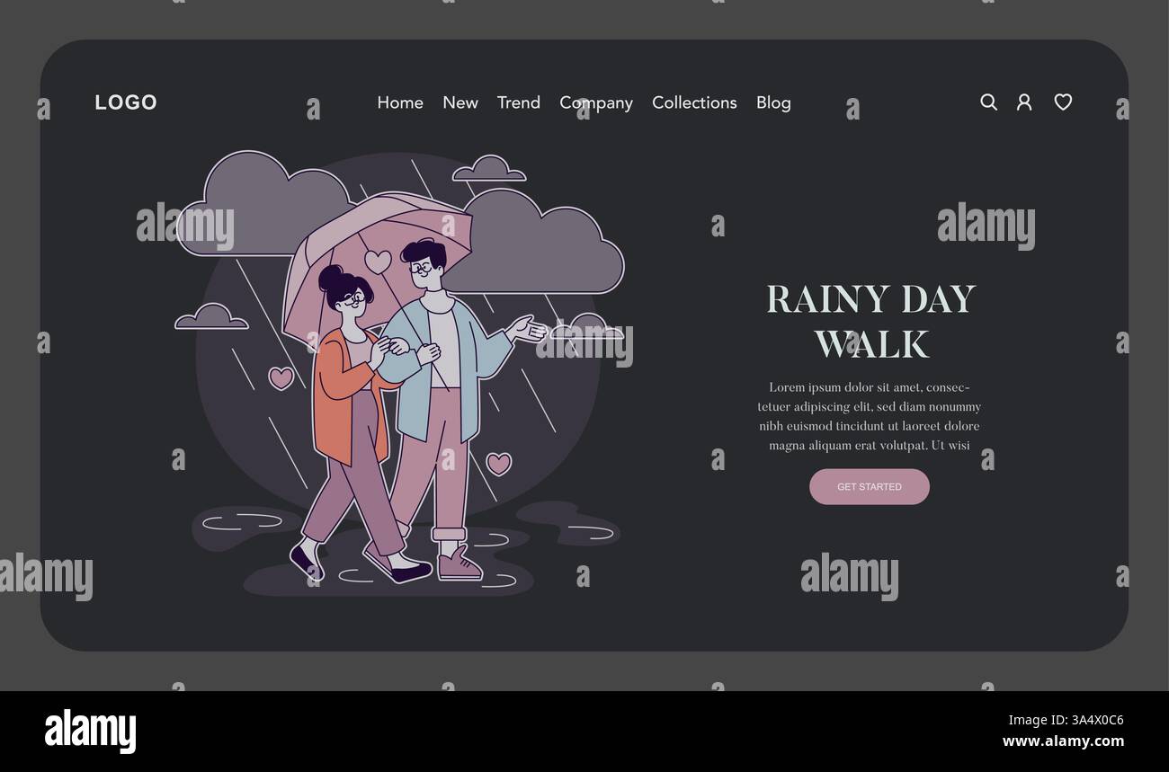 Premier concept d'amour. Un couple partage un moment intime sous un parapluie en marchant sous la pluie, incarnant la douceur et la joie de la jeune romance. L'ambiance reflète la chaleur et la connexion malgré un temps sombre. Illustration vectorielle. Illustration de Vecteur