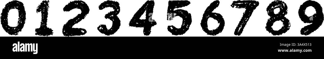Numéros noirs 0-9, dessinés à la main dans un crayon de cire ou un style pastel. Effet surligneur sur un tableau blanc, parfait pour le dessin de maternelle, l'apprentissage Illustration de Vecteur