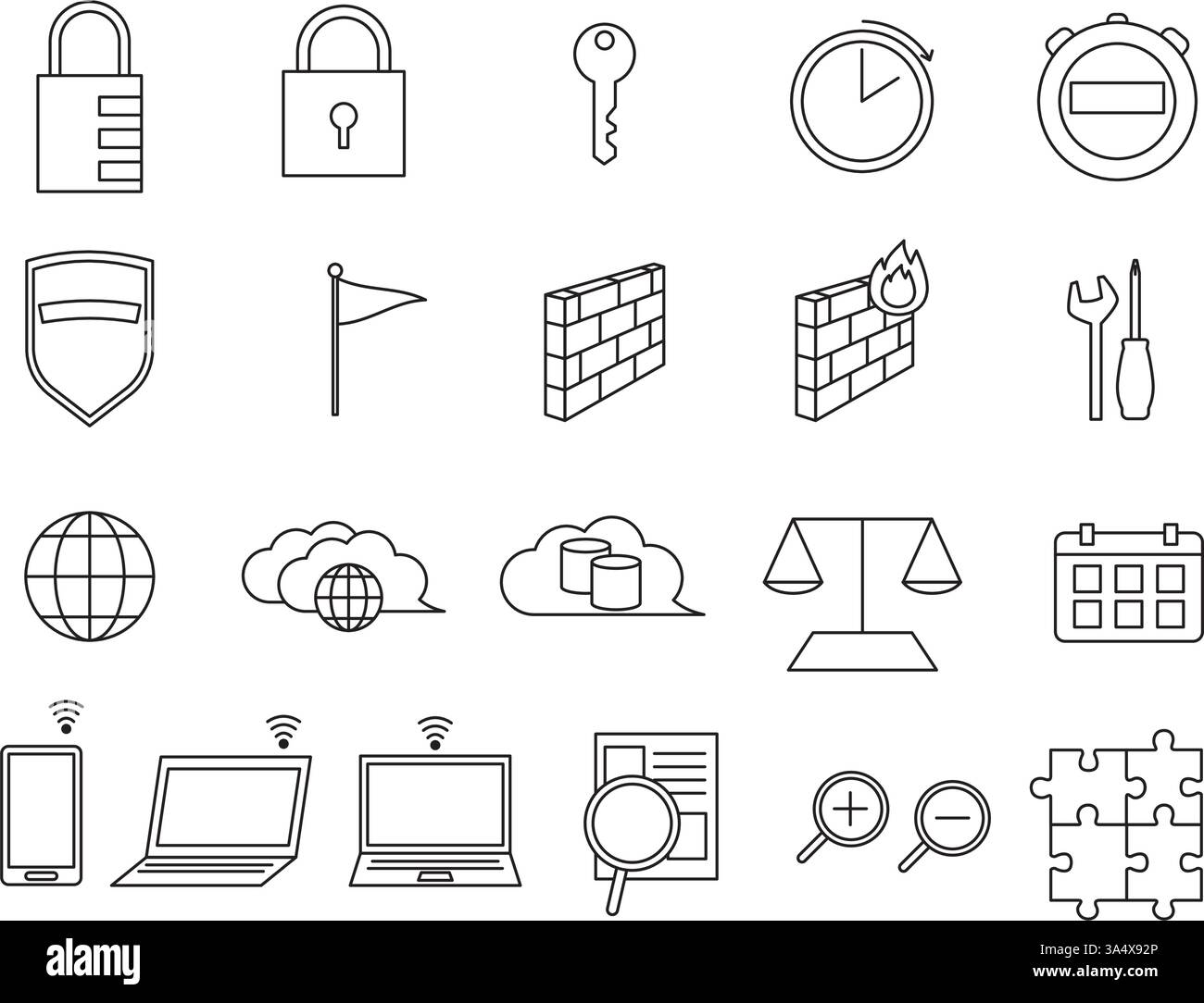 Icônes de dessin au trait liées à L'INFORMATIQUE qui peuvent être utilisées dans des situations professionnelles. Symboles des services INFORMATIQUES tels que la sécurité et le cloud. Illustration de Vecteur