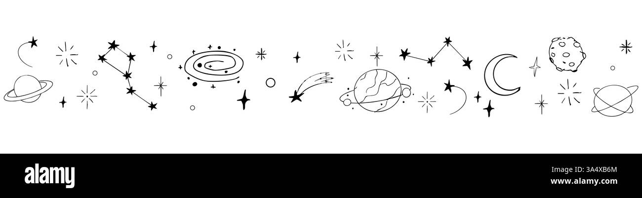 Bordure céleste de doodle, diviseur de clignotement d'étoile tombante. Ornement dessiné à la main avec étoiles, planètes, météorite et lune. Décoration simple et magique Space. Illustration vectorielle Illustration de Vecteur