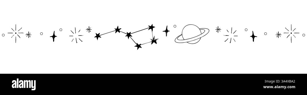 Bordure céleste de doodle, diviseur de clignotement d'étoile tombante. Ornement dessiné à la main avec étoiles, planètes, météorite et lune. Décoration simple et magique Space. Illustration vectorielle Illustration de Vecteur