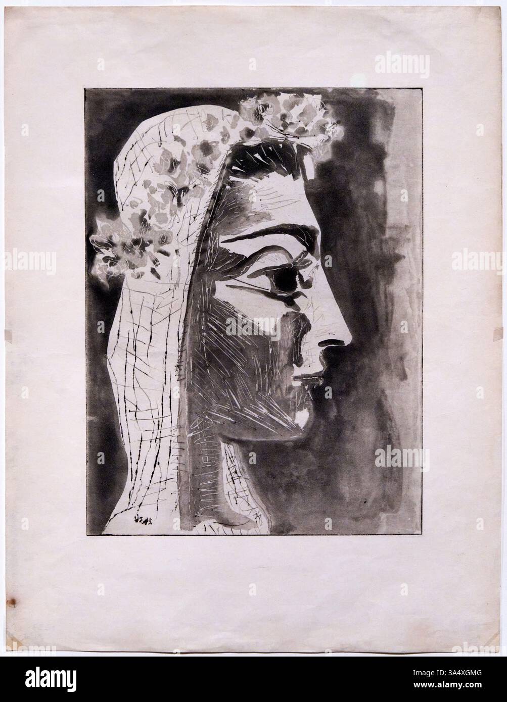 Jacqueline habillée en mariée, de profil, Cannes. 24 mars 1961, aquat de sucre avec morsure à la main, grattoir et pointe sèche sur cuivre, imprimé sur vieux papier verjurado, Pablo Picasso (1881-1973), exposition : Picasso et le modèle. Profil de Jacqueline. Banque D'Images