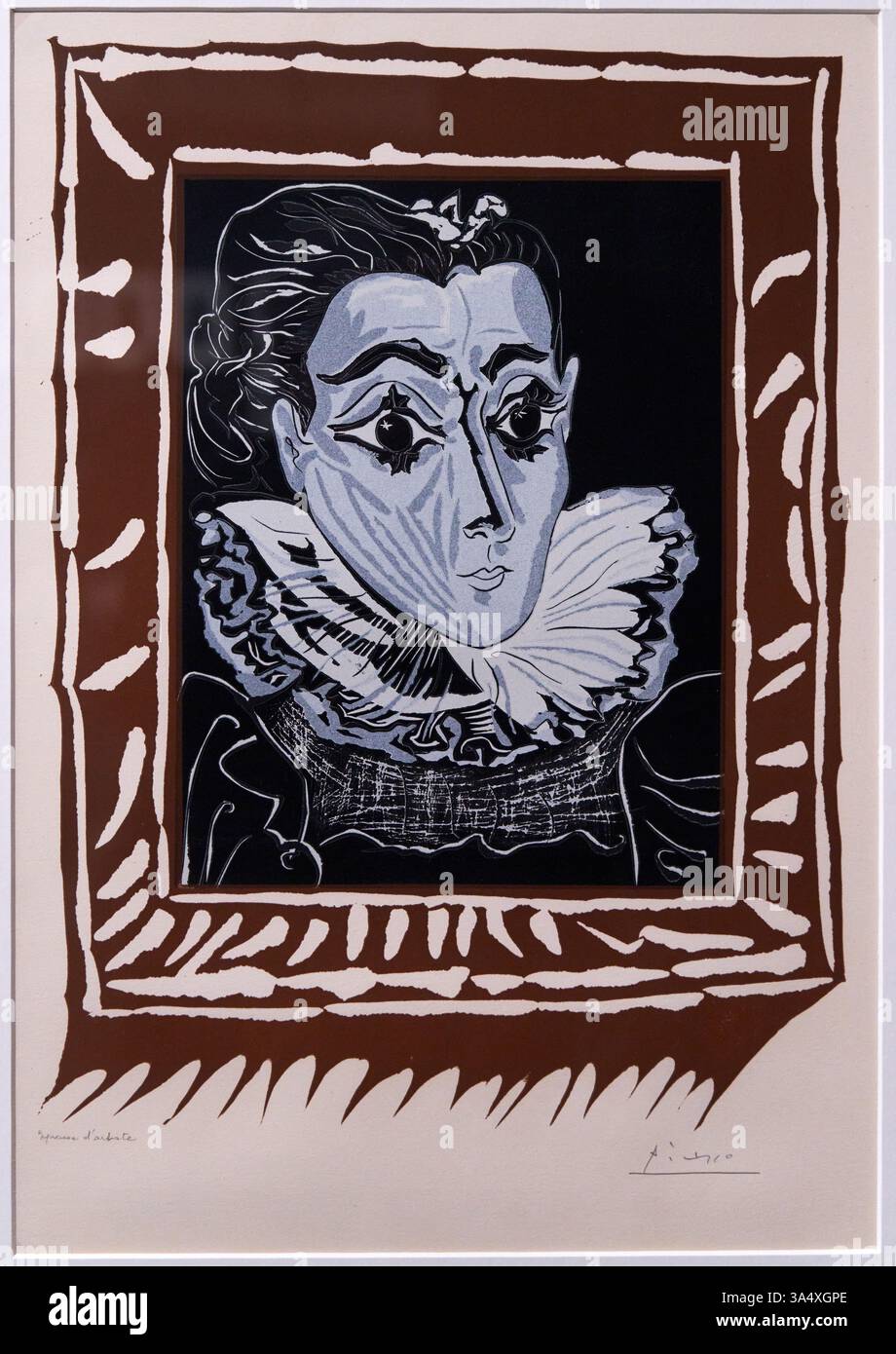 Portrait de Jacqueline avec gorguera, 1962, gravure avec gouve et grattoir sur deux linoléées ; imprimé en six couleurs sur papier vélin Arches, Pablo Picasso (1881-1973), exposition : Picasso et le modèle. Profil de Jacqueline. Banque D'Images