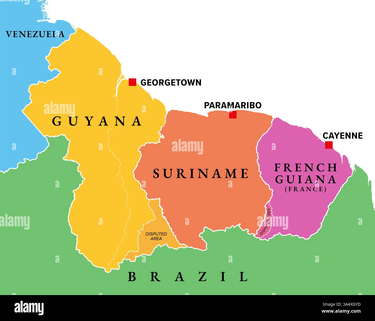 Guyana, Suriname et Guyane française, carte politique colorée. Deux pays et un département d'outre-mer de la France sur la côte sud-américaine. Banque D'Images