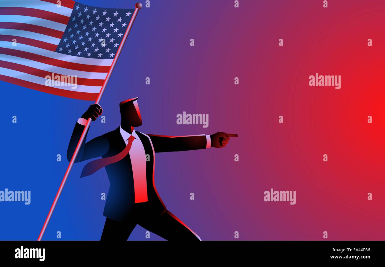 Homme d'affaires tenant fièrement le drapeau américain et pointant vers l'avant, symbolisant le leadership, le patriotisme et l'ambition. Illustration de Vecteur Homme d'affaires tenant fièrement le drapeau américain et pointant vers l'avant, symbolisant le leadership, le patriotisme et l'ambition. Illustration de Vecteur