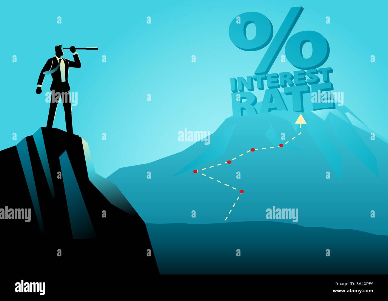 Homme d'affaires regardant à travers un télescope, concentré sur un symbole de taux d'intérêt au sommet d'une montagne lointaine. Illustration de Vecteur