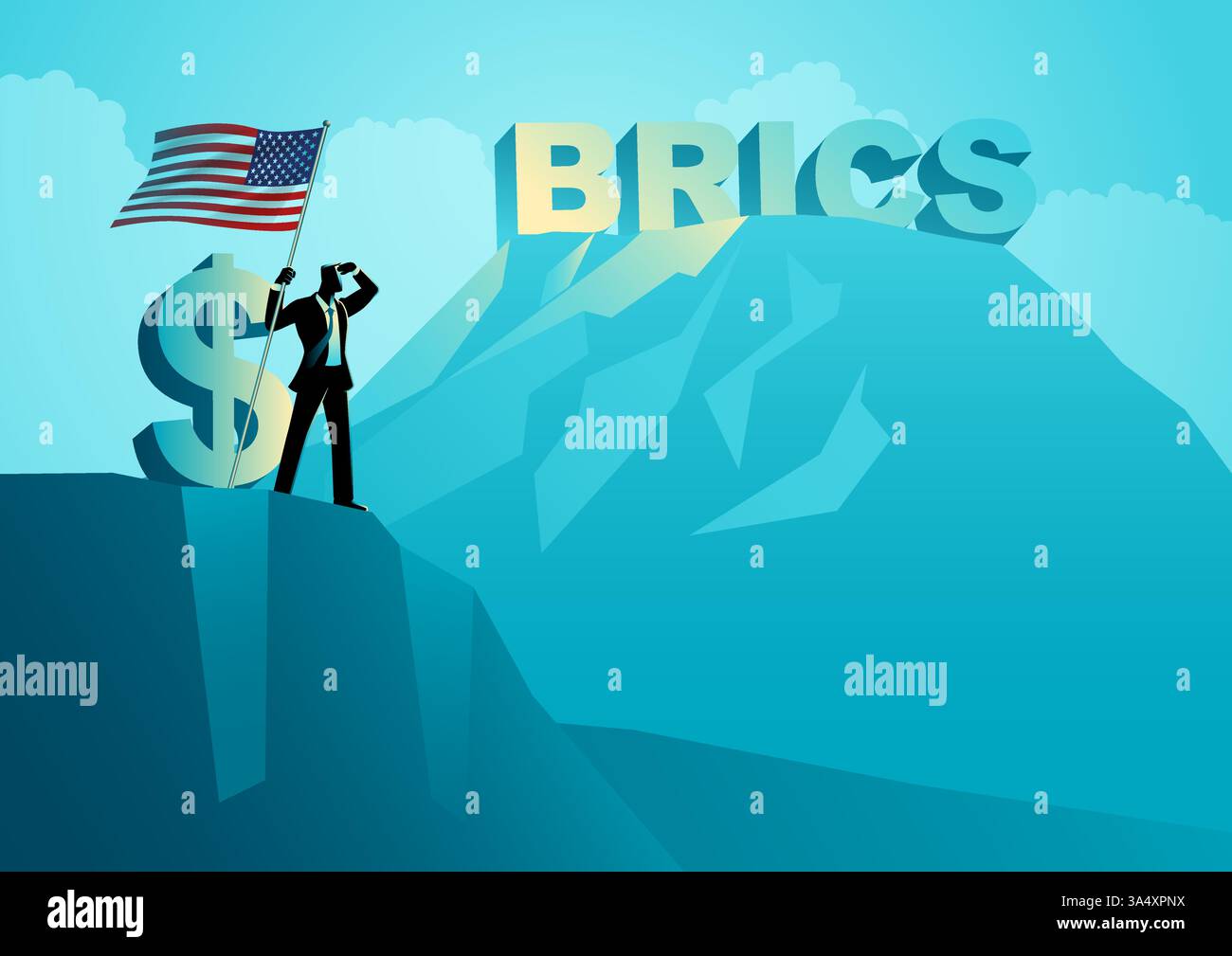 Homme d'affaires avec un symbole dollar, tenant le drapeau américain et regardant au loin vers les lettres BRICS émerge d'une montagne. Illustration de Vecteur