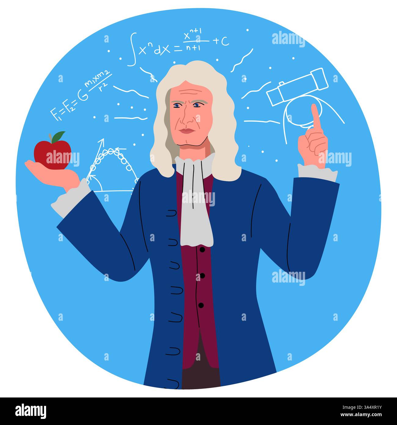 Clip art de Sir Isaac Newton, physicien et mathématicien renommé, connu pour son travail révolutionnaire en gravité et en mouvement. Illustration de Vecteur