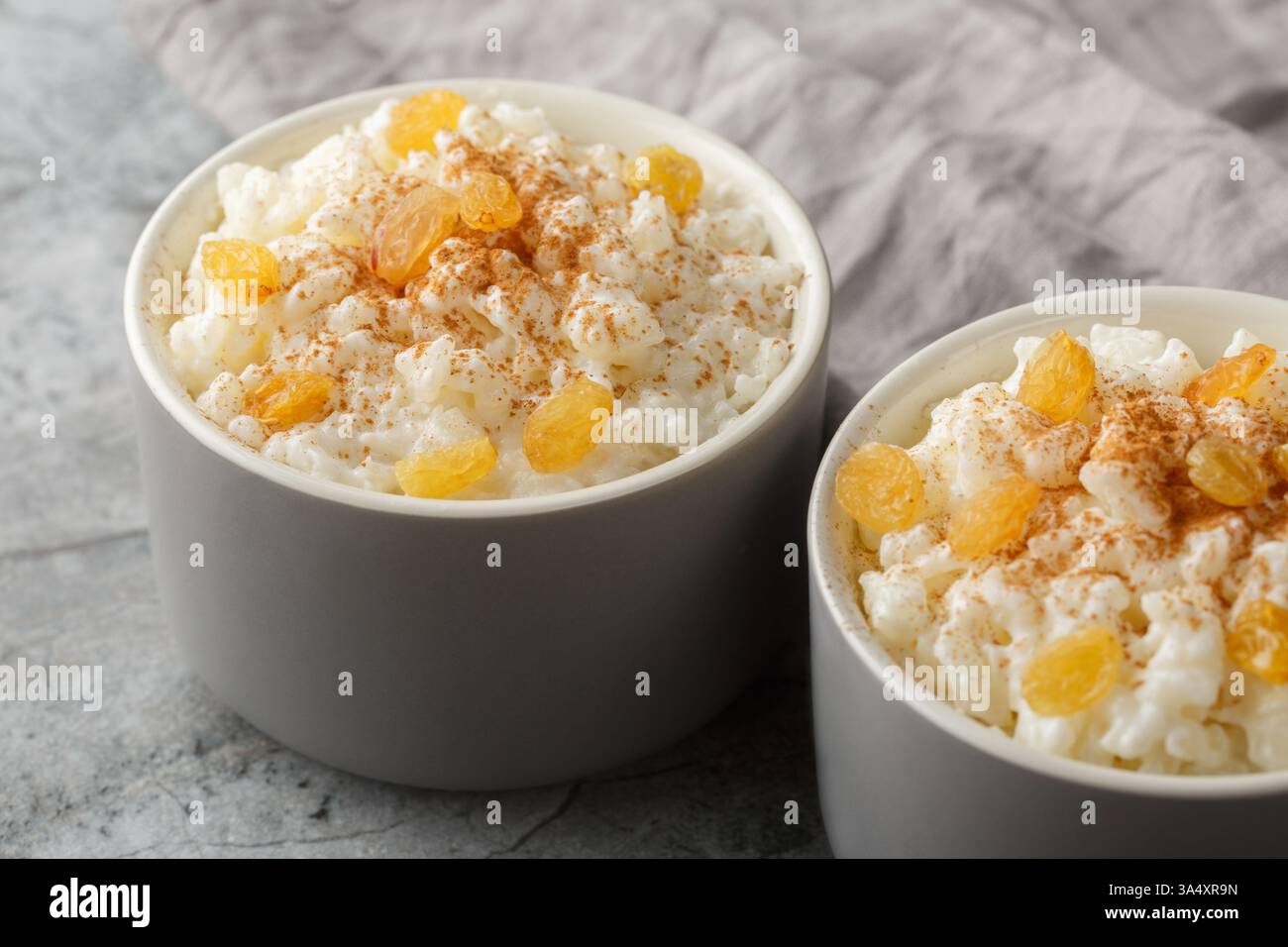 Pudding au riz au lait classique avec cannelle et raisins secs dorés sur le dessus gros plan dans Ramekin sur la table. Horizontal Banque D'Images