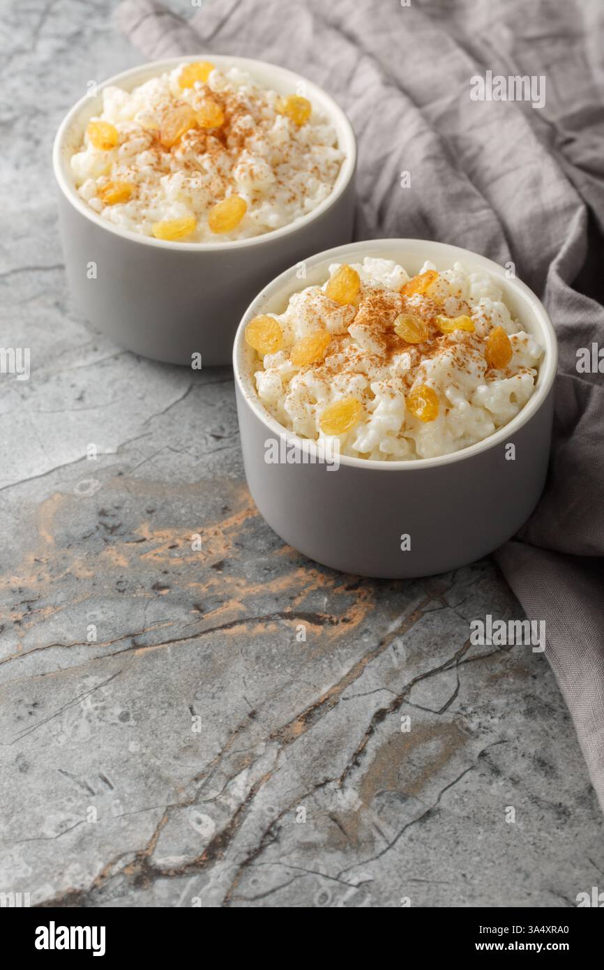 Purée de riz crémeuse avec du lait et du sucre, puis terminez avec de la cannelle, de la vanille et des raisins secs en gros plan sur le bol sur la table. Vertical Banque D'Images