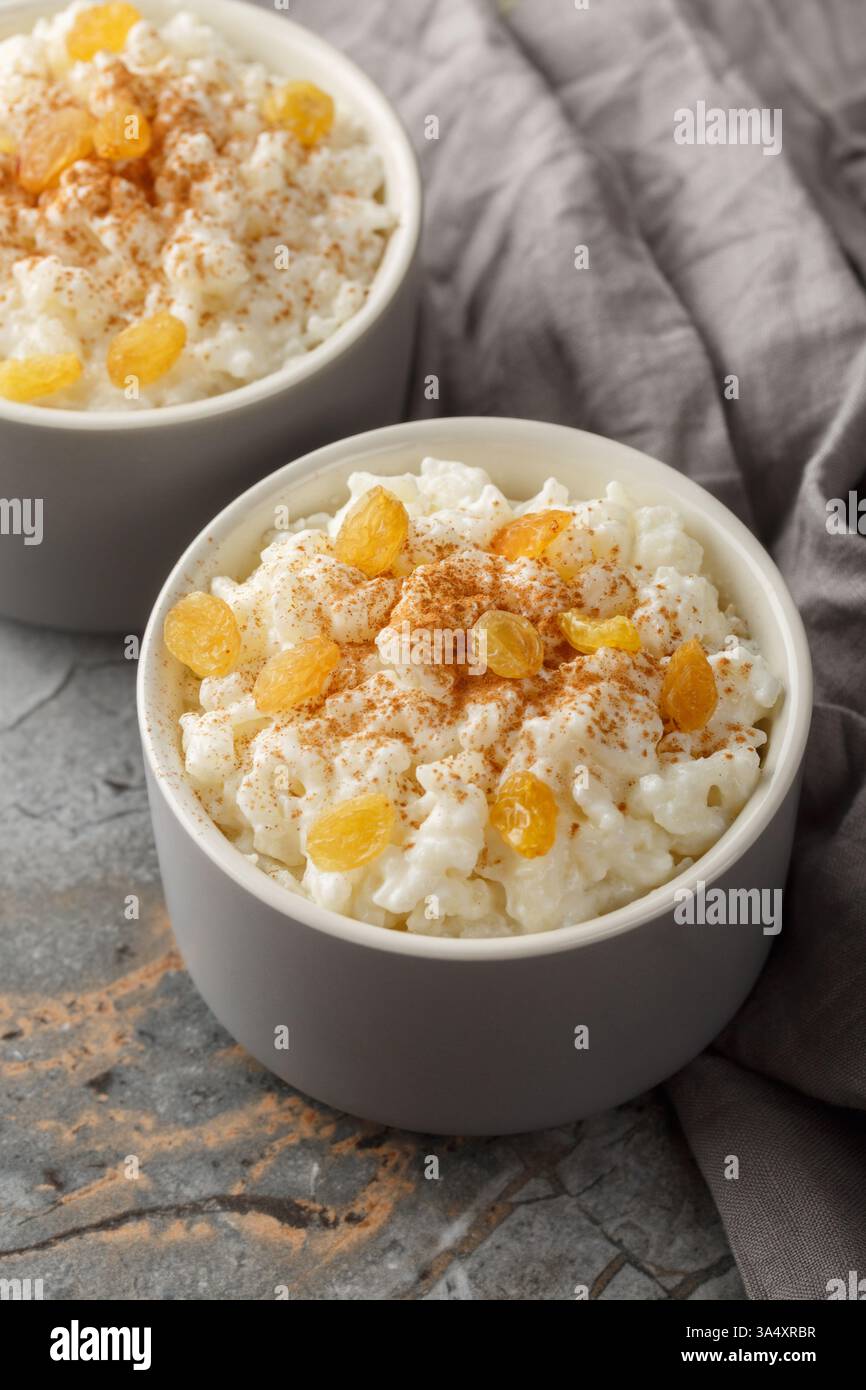Délicieux pudding de riz à la cannelle, à la vanille et aux raisins secs en gros plan sur le bol sur la table. Vertical Banque D'Images