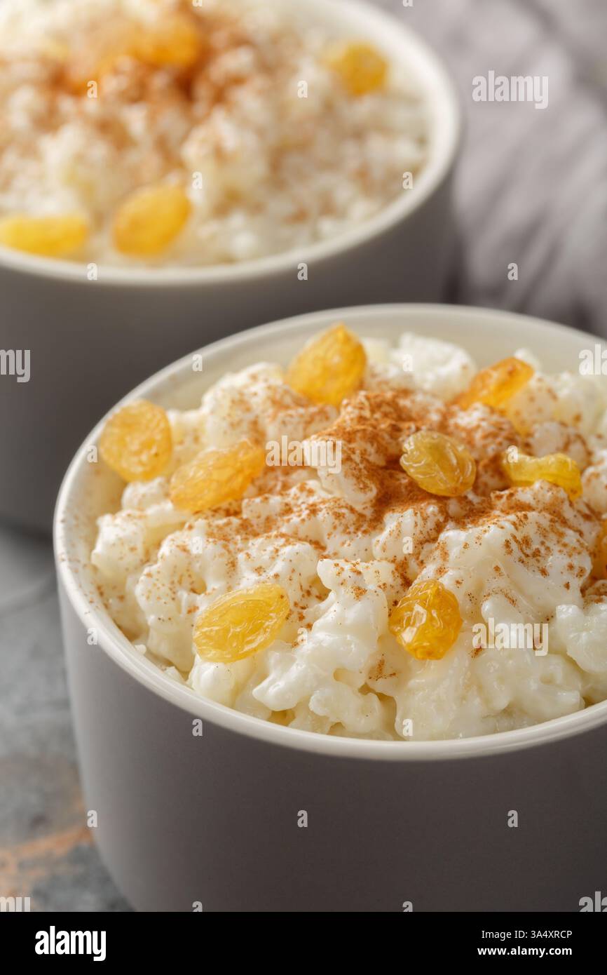 Old-fashioned Rice Pudding est si crémeux avec la texture parfaite et la douceur en gros plan sur le bol sur la table. Vertical Banque D'Images