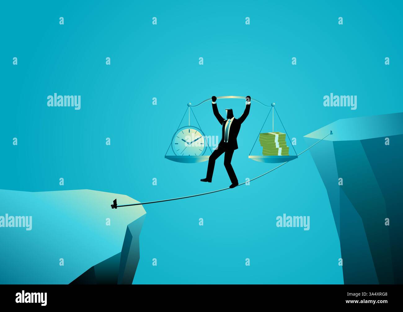 Homme d'affaires marchant prudemment sur une corde entre les falaises tout en tenant une balance avec de l'argent et une horloge. Illustration de Vecteur