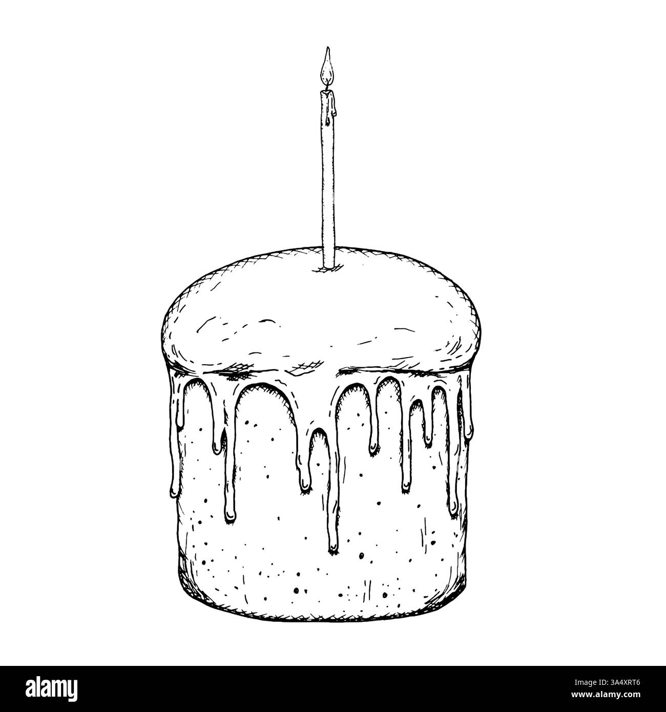 Gâteau de Pâques traditionnel avec glaçage et bougie simple, dessiné à la main à l'encre. Un complément parfait aux illustrations festives, à la marque alimentaire et Illustration de Vecteur