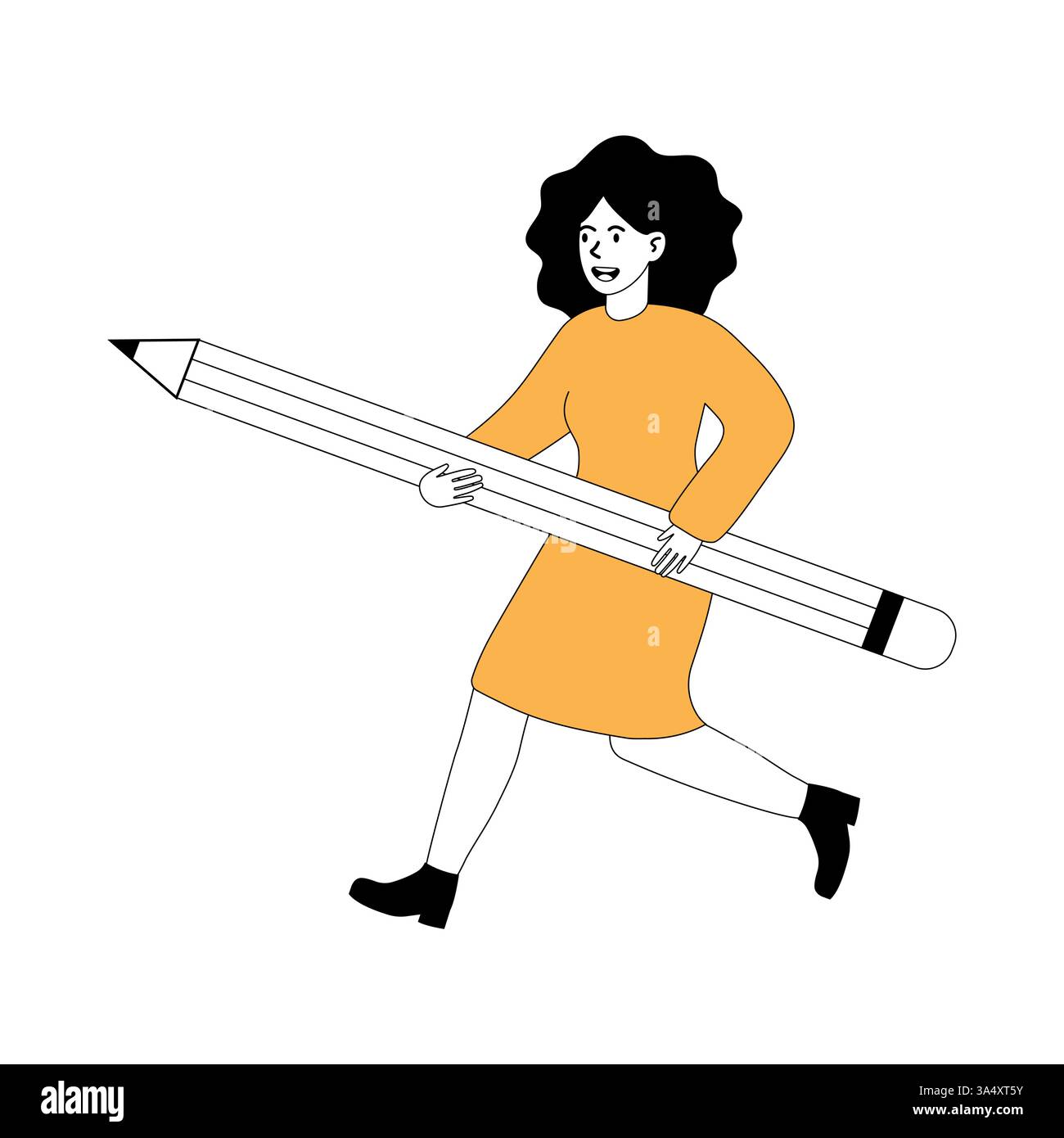 Femme en robe jaune porte joyeusement un grand crayon tout en marchant Illustration de Vecteur