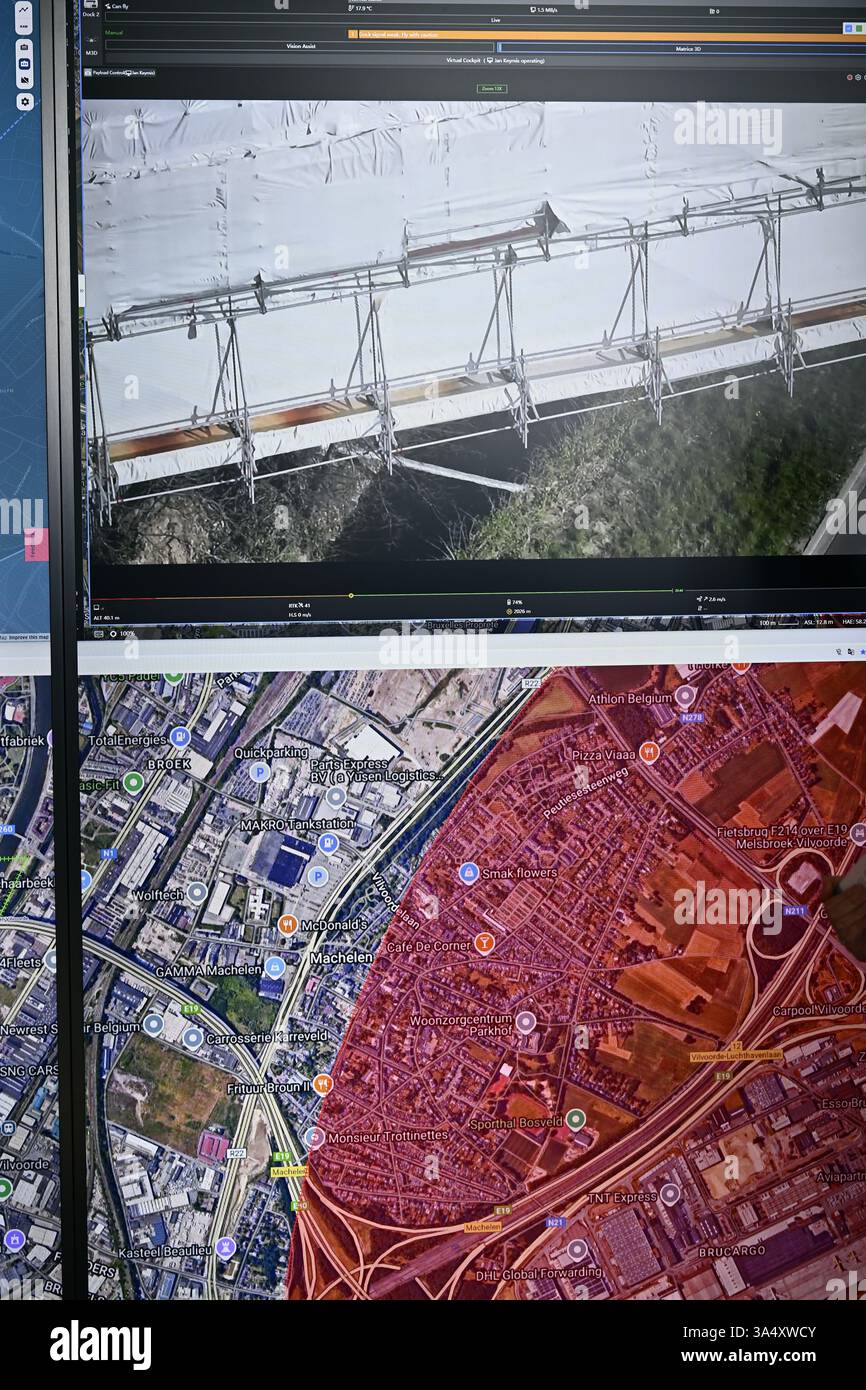 Vilvoorde, Belgique. 20 mars 2025. Le premier vol de drone avec mise en œuvre de la déconfliction active dans l’espace aérien contrôlé de Brussels Airport, organisé par le contrôleur aérien Skeyes, jeudi 20 mars 2025. Le drone décolle du douzième étage du Living Tomorrow innovation Campus à Vilvorde et est télécommandé depuis une salle de contrôle à 13 km. BELGA PHOTO ERIC LALMAND crédit : Belga News Agency/Alamy Live News Banque D'Images