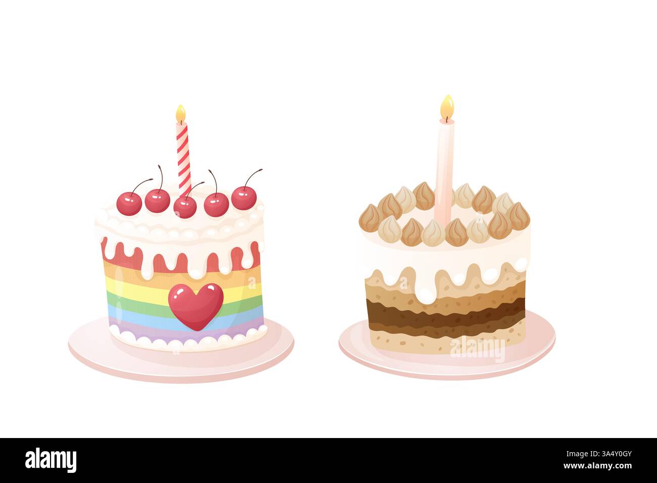 Gâteaux d'anniversaire mignons Arc-en-ciel et dessert multicouches Clipart Illustration de Vecteur