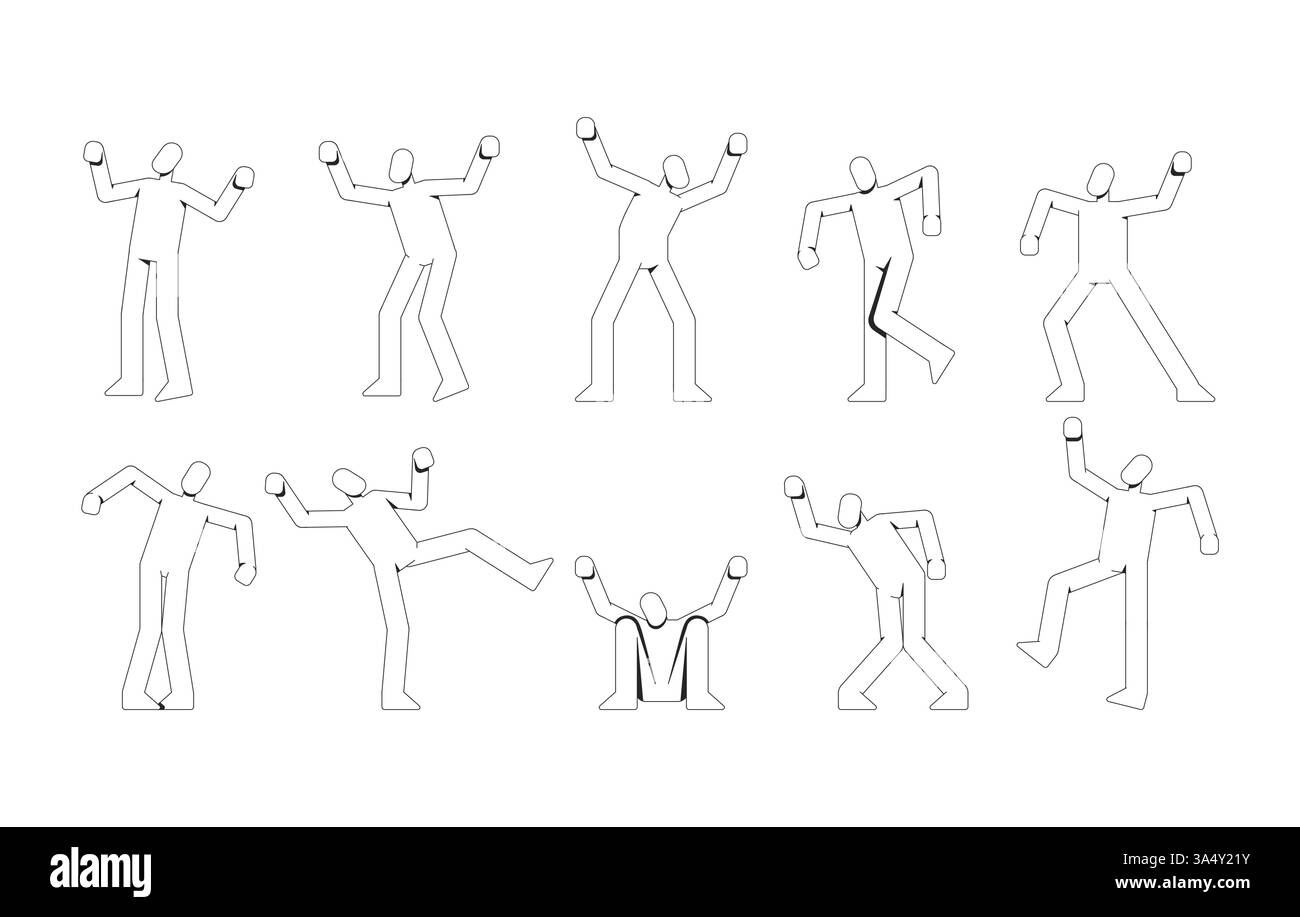 Figures humaines abstraites sans visage dans des poses dynamiques 2D jeu de caractères de ligne Illustration de Vecteur
